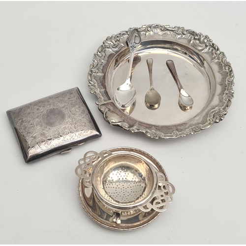 345 - Silver Plated Items Includes, Silver Plated Tray Reg No 297021, Tea Strainer on Stand, Cigarette Cas... 