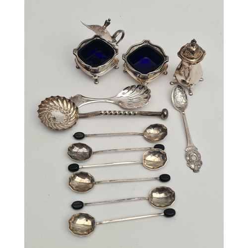 346 - Silver Plated Coffee Been Spoons Set of 6 Plus Berry Spoon, Pepper pot Salt & Mustard Pots, With Blu... 