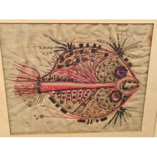 369 - Vintage Framed and Glazed Needlework, Embroidery Work Fish. Also using beads and buttons to create t... 