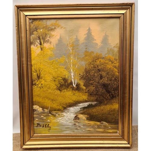 375 - Vintage Pine Framed Oil on Canvas Scenic Picture Signed Billy Lower Left. Measures 49cm by 39cm. Shi... 