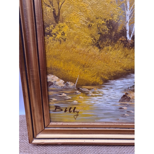 375 - Vintage Pine Framed Oil on Canvas Scenic Picture Signed Billy Lower Left. Measures 49cm by 39cm. Shi... 