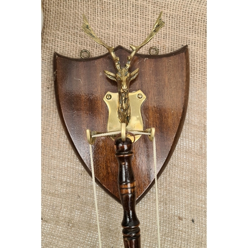 39 - Antique Dinner Gong. Brass Deer Head Mounted on Plaque With Brass Gong Suspended From Brass Hanger a... 