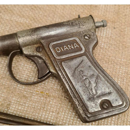 411 - Vintage c1930's Diana .177 cal Smoothbore Push-Barrel Steel Air Pistol and a Bronze Toy Model of A D... 