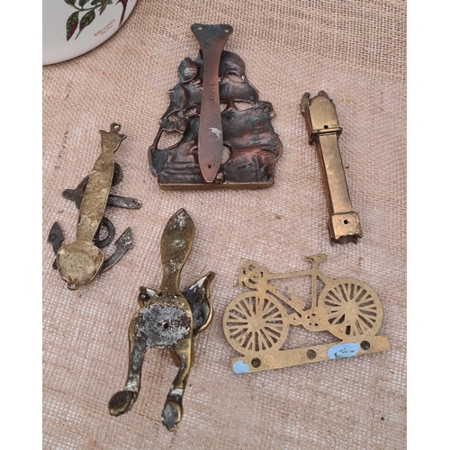 42 - Vintage 4 x Solid Brass Door Knockers. Includes Fox, Galleon Ship, Anchor and Long Case Clock Plus a... 