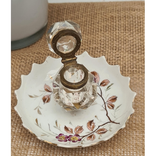 43 - Antique Cut Glass Inkwell on Ceramic Stand With Painted Leaf and Flower Design. Possibly French. Mea... 