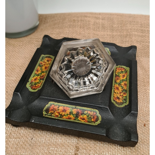 44 - Antique Cut Glass Inkwell on Black Painted Wooden Stand With Painted Pen Holder Panels. Measures 18c... 