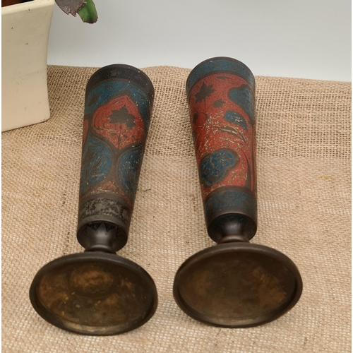 448 - Antique Two Moorish Brass Vases Painted in Red, Blue and Black. Leaf Design. Each measures 26cm tall... 