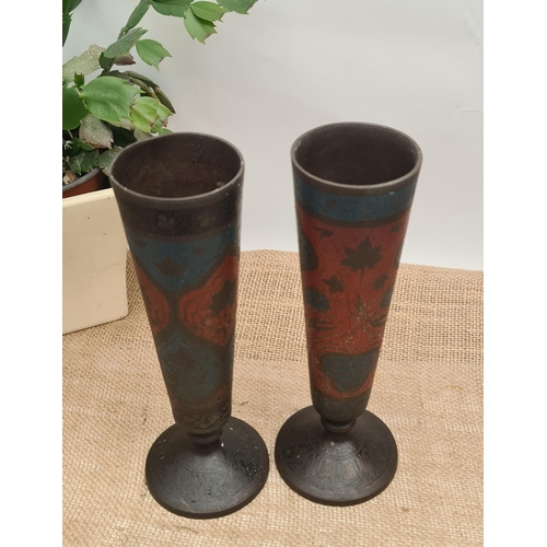 448 - Antique Two Moorish Brass Vases Painted in Red, Blue and Black. Leaf Design. Each measures 26cm tall... 