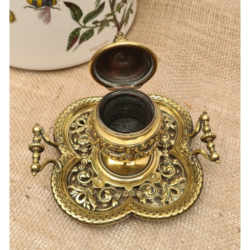 457 - Antiques Brass Desk Top Inkwell With Pierced Vine Tray Base, Embossed Swags on The Inkwell and Ornat... 