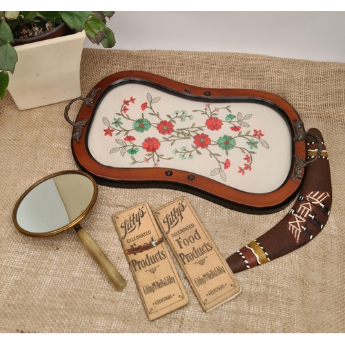 466 - Vintage Oriental Tray With Sampler Word, A Mini Aboriginal Boomerang, Two Libby's Food Products Note... 