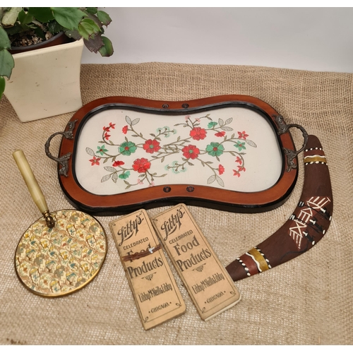 466 - Vintage Oriental Tray With Sampler Word, A Mini Aboriginal Boomerang, Two Libby's Food Products Note... 