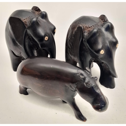 475 - Vintage 2 x Ebony Hand Carved Wooden African Elephants and a Dark Wood Hand Carved Hippopotamus. The... 