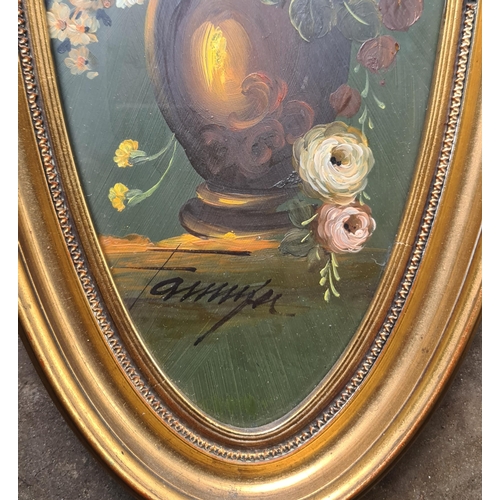 496 - Vintage Oval Framed and Glazed Oil on Copper Painting Flowers in Vase. Signed at the base. Measures ... 