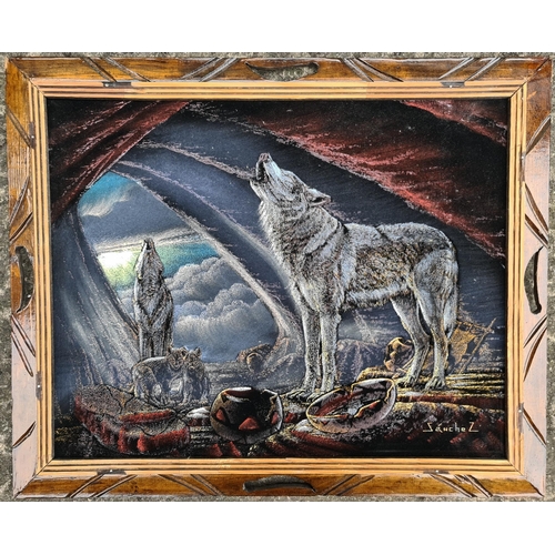 489 - Vintage Wooden Framed Painting of Wolves on Velvet Singed Ernesto Sanchez. Measures 58cm by 45cm. Sh... 