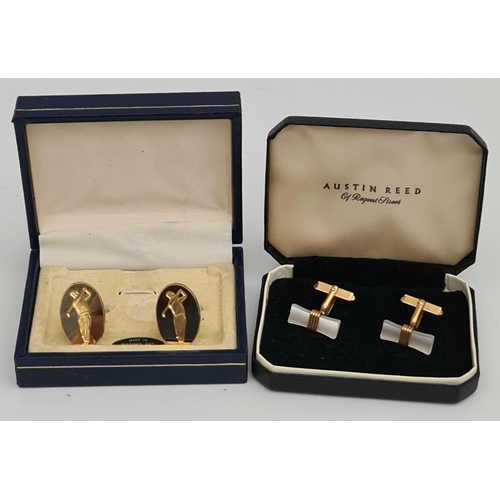 78 - Vintage Cufflinks 2 Pairs Mother of Pearl & Gold Coloured Metal in Austin Reed Box and Golfers Gold ... 
