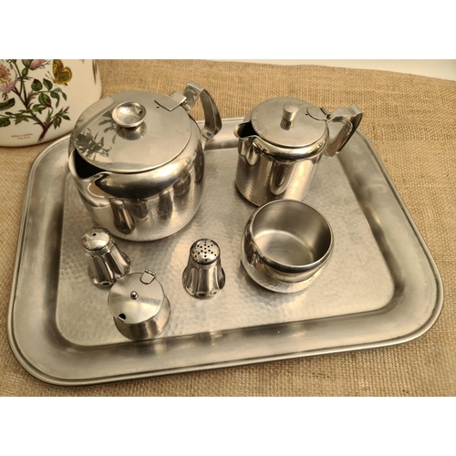 154 - Vintage Stainless Steel Old Hall Tray Tea Pot Milk Jug Sugar Bowl Salt and Pepper and Mustard. The t... 