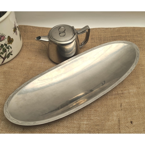 155 - Vintage Stainless Steel LR1 Borrowdale Hand Beaten Tri Footed Oblong Dish and a Swan Tea Pot. The di... 