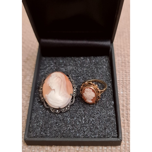 54 - Vintage 9ct Gold hallmarked Cameo Ring and A Hallmarked Cameo Brooch. The ring is UK size K and weig... 