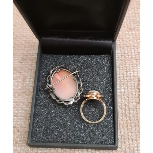 54 - Vintage 9ct Gold hallmarked Cameo Ring and A Hallmarked Cameo Brooch. The ring is UK size K and weig... 