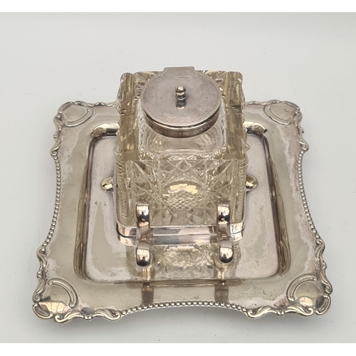 331 - Antique Early 20th Century Cut Glass Table Ink Well on Silver Plated Pen Stand. Marked P Bros on the... 