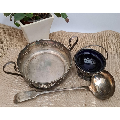 335 - Antique Silver Plated Bon Bon Dish With Original Blue Liner,, Walker and Hall Ladle and an Art Nouve... 