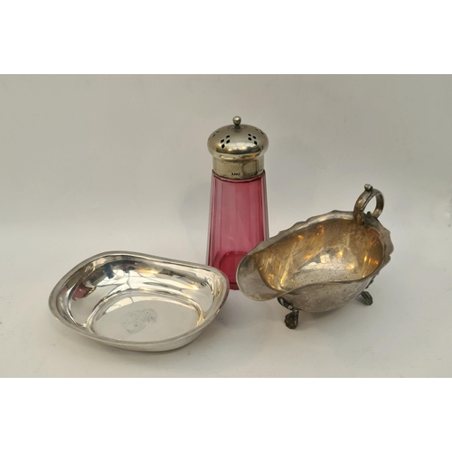 336 - Parcel of Silver Plated Items. Includes Cranberry Glass Sugar Shaker, Sauce Boat and Small Dish. The... 