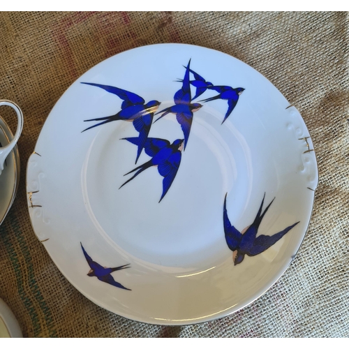 11 - Vintage Czechoslovakia Blue Bird Tea Set. Includes 4 Cup and Saucers, 4 Side Plates A Cake Plate Wat... 