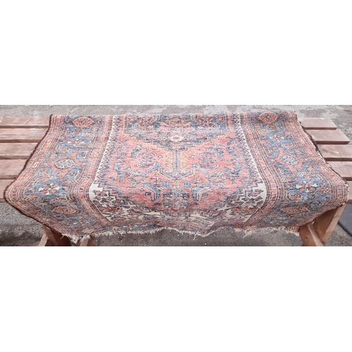 191 - Vintage Hamadan Rug With Central Medallion. Red Blue and Cream colours. Measures 190cm long and 130c... 