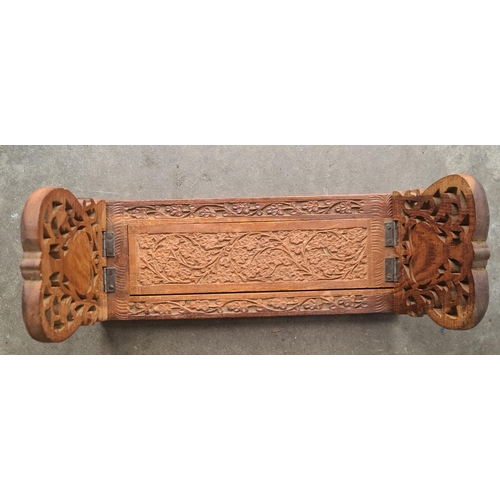 209 - Antique Book Slide Carved Ends With Bone Inlay Flower Design. Measures 33cm by 13cm by 16cm extends ... 