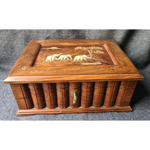 243 - Vintage Rosewood Jewellery Box. Inset With Elephants in Bone and Brass Filigree Decoration. Measures... 