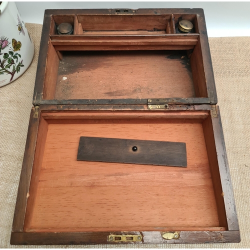 245 - Antique Veneered Writing Slop. Cedar Carcass With Ink Bottles. Measures 34cm by 22cm by 14cm. Shippi... 