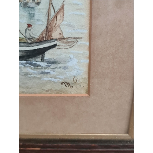 247 - Art Antique Painting Watercolour on Paper Oak Framed and Glazed Coastal Scene Possibly French. Signe... 