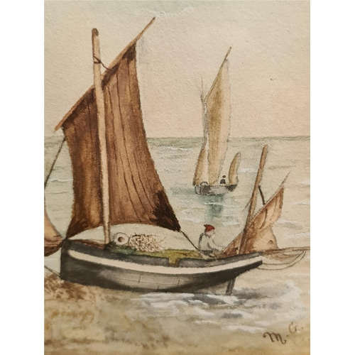 247 - Art Antique Painting Watercolour on Paper Oak Framed and Glazed Coastal Scene Possibly French. Signe... 