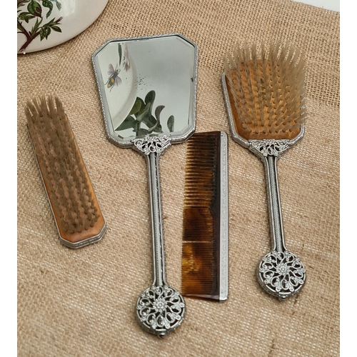 314 - Vintage dressing Table Hand Mirror with Brush and Comb Set. The hand mirror measures 31cm long. Ship... 