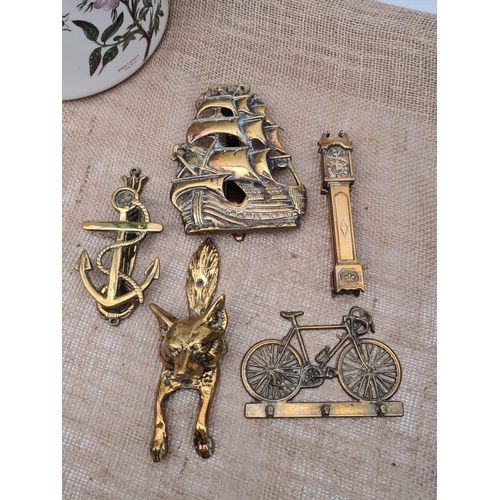 449 - Vintage 4 x Solid Brass Door Knockers. Includes Fox, Galleon Ship, Anchor and Long Case Clock Plus a... 