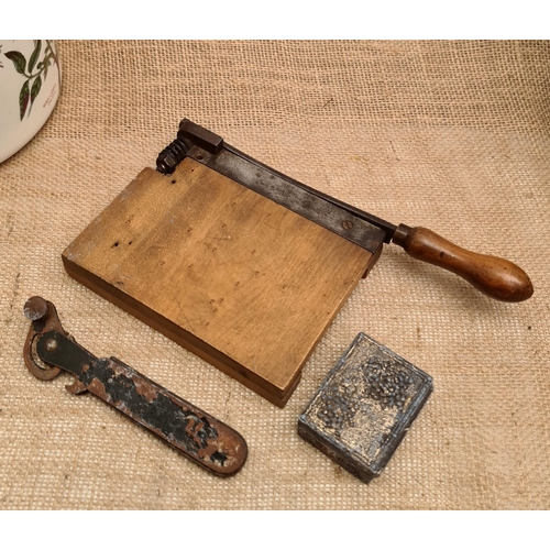 454 - Vintage Wood Base Paper Guillotine Plus Vintage Bottle Opener and a Metal Box. The guillotine measur... 