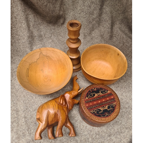 486 - Vintage Wooden Bowls Box Candlestick and Elephant. The candlestick measures 19cm tall. Shipping is a... 