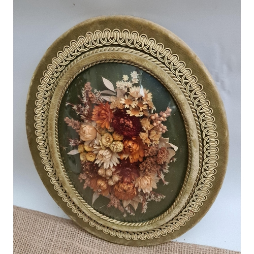 489 - Vintage Oval Framed Flower Display. Velvet Frame Domed Glazed Dried Flower Insert. Measures 28cm by ... 