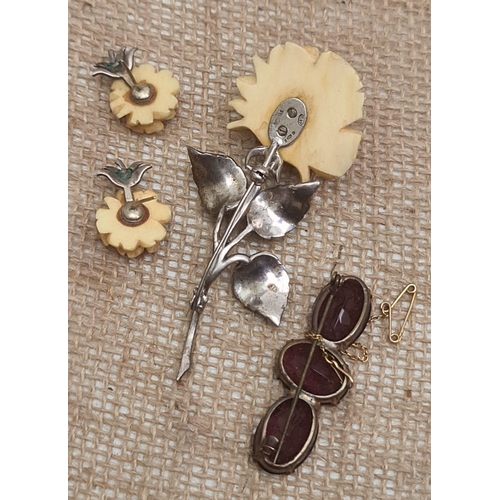 76 - Vintage Sterling Silver Costume Jewellery Flower Brooch and earrings With Enamelled Stem. Hallmarked... 