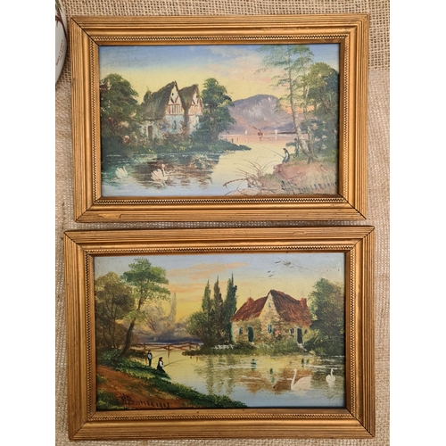 268 - Art Two Framed Oil Paintings on Board Dated 1903 Country Fishing Scene. Possibly Continental. Signed... 