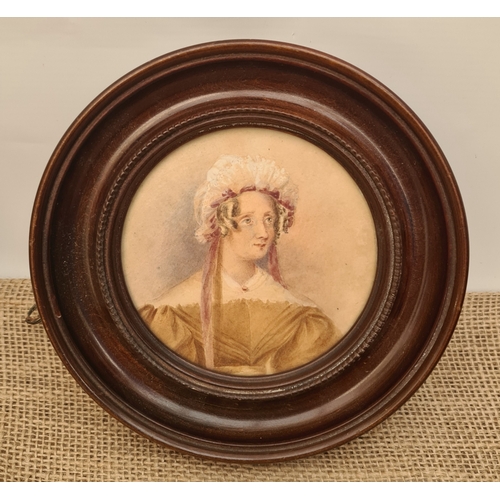 269 - Small Circular Mahogany Framed Watercolour Portrait Painting Early 1800's. Believed to be Esther Sha... 