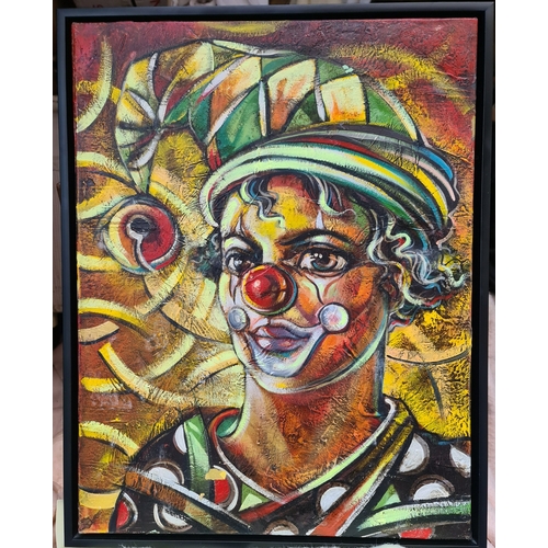 274 - Art Framed Mid Century Oil on Canvas Painting of a Harlequin Style Clown c1980's. Measures 59cm tall... 