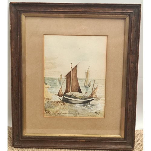 277 - Art Antique Painting Watercolour on Paper Oak Framed and Glazed Coastal Scene Possibly French. Signe... 