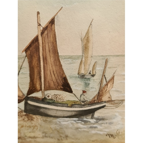 277 - Art Antique Painting Watercolour on Paper Oak Framed and Glazed Coastal Scene Possibly French. Signe... 