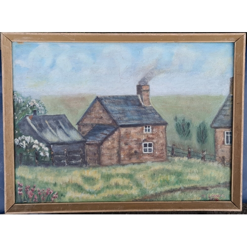 282 - Amateur Art Framed Painting on Card Country Cottage Scene. Signed M Lovat lower right and dated 1956... 