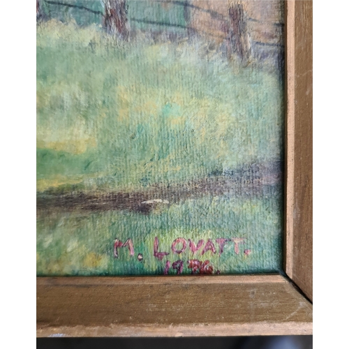 282 - Amateur Art Framed Painting on Card Country Cottage Scene. Signed M Lovat lower right and dated 1956... 