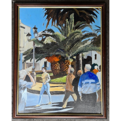 283 - Naive Art Framed Oil Painting on Board Continental Street Scene. Signed Lower Right Pomfret. Measure... 