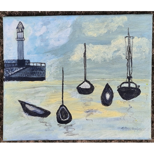 291 - Art Painting Oil on Canvass Not Framed Subject Harbour and Boats. Signed Lower Right. Measures 30cm ... 