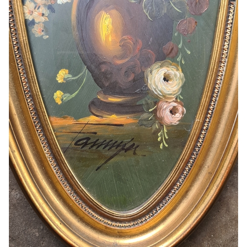 293 - Vintage Oval Framed and Glazed Oil on Copper Painting Flowers in Vase. Signed at the base. Measures ... 