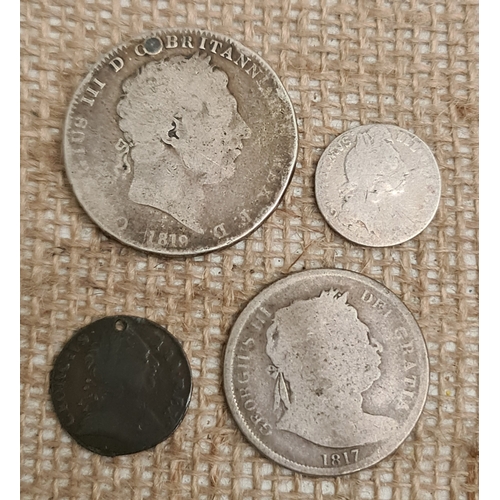 303 - Collectable Coins Silver George III Crown Dated 1819 LX, Half Crown Dated 1817 and a copper Farthing... 